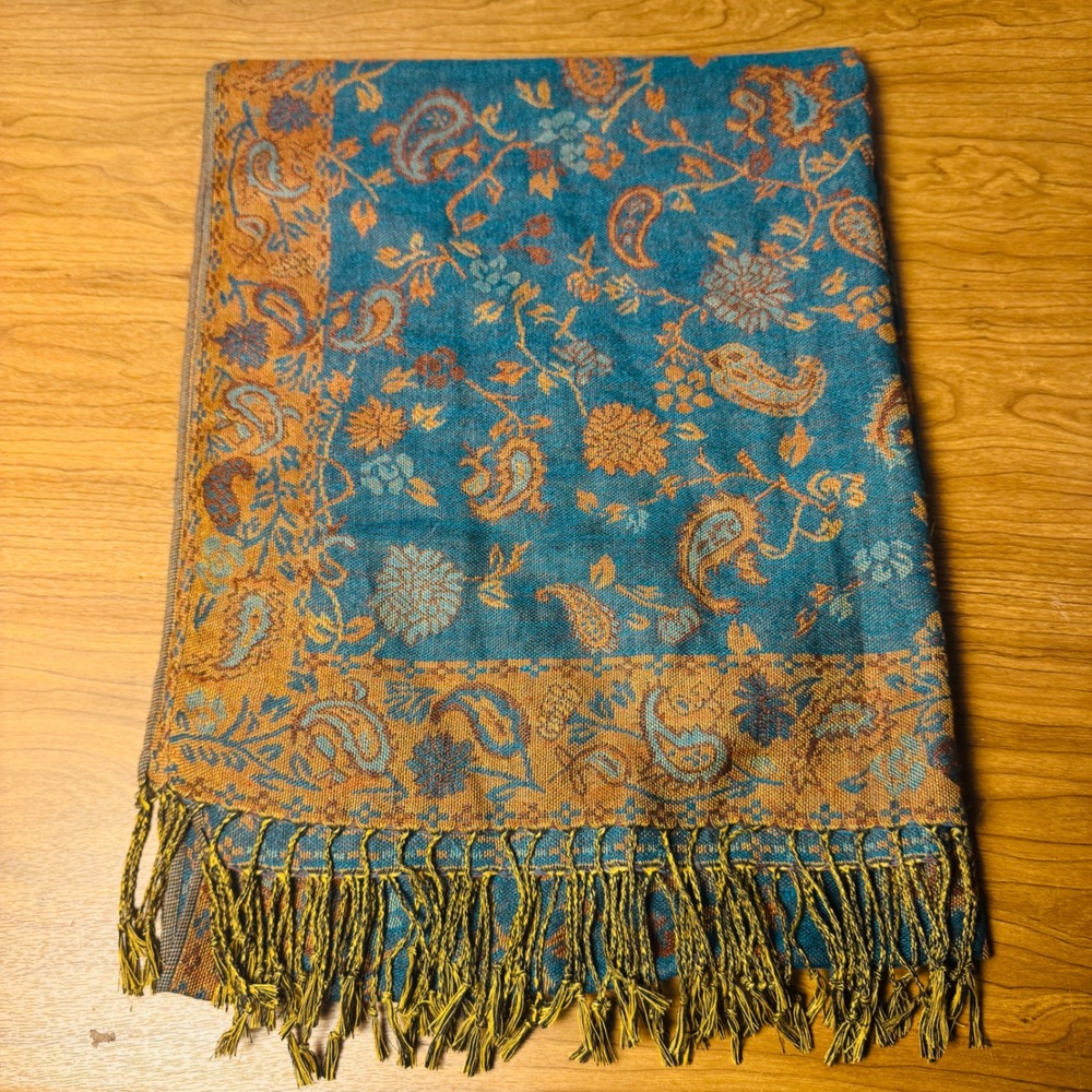 Sara Jane Teal Orange Paisley Silk Rayon Pashmina Scarf Fringed Wrap LJ551 26x70